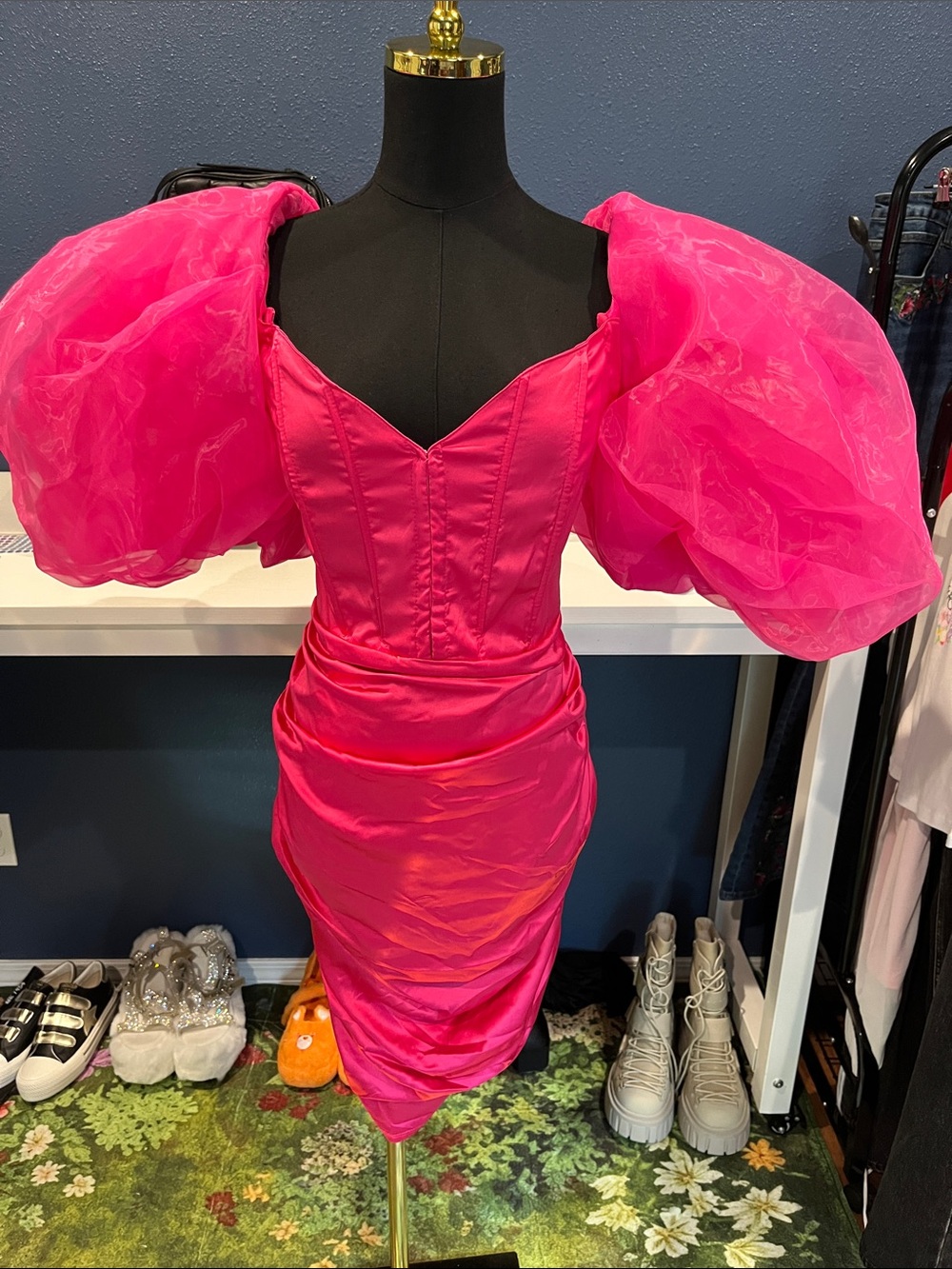 Sugar Thrillz Hot Pink Puff Sleeve Sexy Dress with removable sleeves